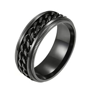 Black Stainless Steel Chain Spinner Ring Textured Edge Fidget Band